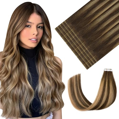Youngsmile Invisble Tape Extensions Echthaar Braun 40g 20pcs #4/27/4 45cm | Balayage Ombre Braun Karamellblond, Invisi Edge Tape Extensions Echthaar, Seidig Weich, Remy Haarverlängerung