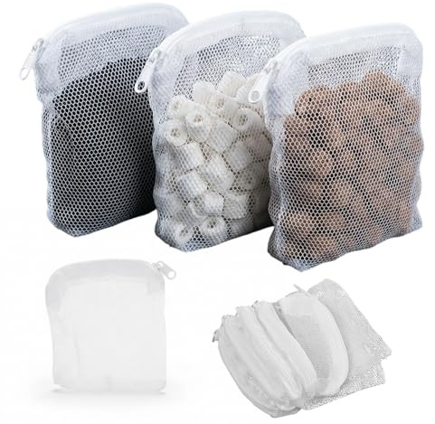 Kaiyzo 20 Stück Aquarium Filterbeutel, 10x10 cm Weiße Netzbeutel aus Nylon, Wiederverwendbare Filtermedienbeutel mit Reißverschluss für Aktivkohle, Bio-Bälle, Keramikringe, Netzbeutel Klein