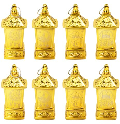 NAVESO 8 Pièces Lanterne Ramadan, Ramadan Decoration avec Bougies LED, Mini Lumières Décoratives Ramadan, Eid Mubarak, Décorations Lune et étoiles pour Les Fêtes Musulmanes