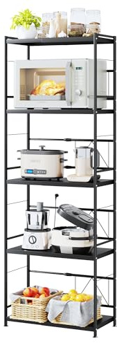 NETEL Erweiterbares Mikrowellen Regal,küchenregal arbeitsplatte stehend | Regal küchen organizer für Backofen,kaffeemaschine&aufbewahrung,Robuster Kohlenstoffstahl,8 Haken,5 stufig,Schwarz