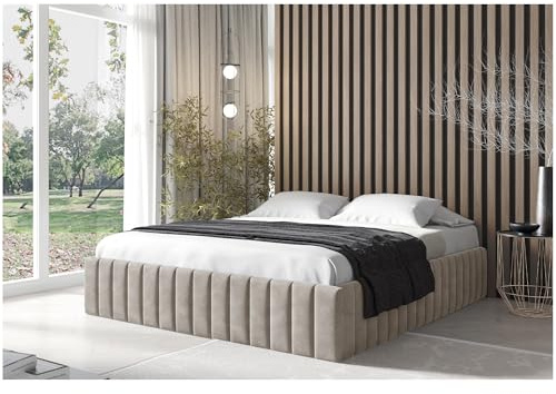 MEBLINI Bourne Polsterbett 140x200 mit Stauraum - Lattenrost und Bettkasten - Bett mit Stauraum - Doppelbett - Stauraumbett - Betten - 140x200 - Beige Samt ohne Matratze
