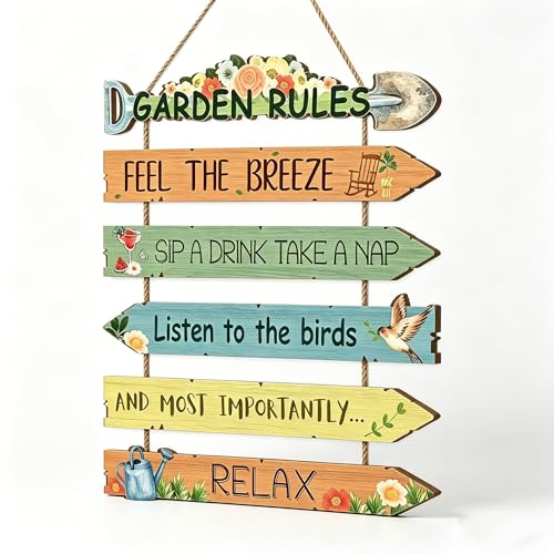 Garden Rules Wall Sign Wooden Plaque with Relaxing Quotes Feel The Breeze Rustic Outdoor Yard Decor Hanging Farmhouse Art Presents for Gardeners Women Men Patio Fence Porch Garden Accessories