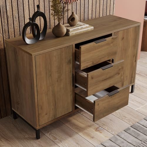 FammyLoft Sideboard Cabinet, 2 Door 3 Drawer Storage Cabinet with Adjustable Shelf, Dark Oak Wooden Sideboard Cupboard for Living Room Bedroom Hallway, 120 * 40 * 76 cm