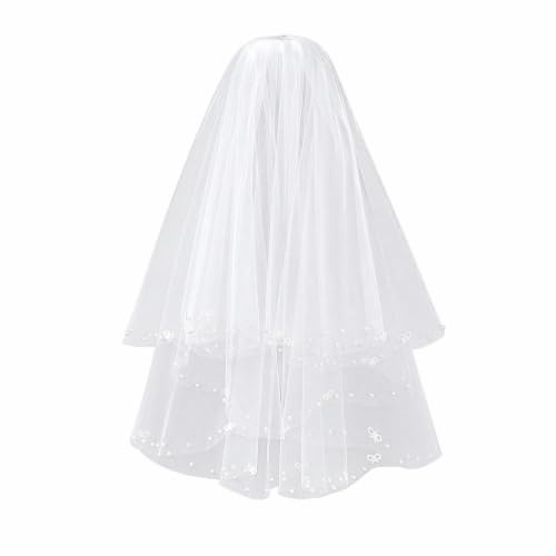 Voile de Mariée Court avec Perles – 60cm Voile de Mariage Multicouche Style Forêt Vintage avec Peigne, Accessoire Cheveux Élégant pour Mariée et Photographie