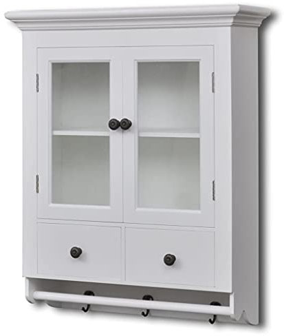vidaXL White Wooden Kitchen Wall Cabinet with Glass Doors - MDF & Pine Wood, Iron Handles, Antique Pantry Organizer with Drawers & Shelves