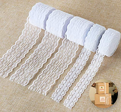 ABSOFINE 50M Spitzenbordüre Spitzenband Weiss Beige Vintage Set Gesamt 5 Rolls Zum Nähen für Hochzeit Tischdeko Basteln Geschenkband