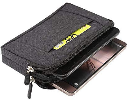 DFV mobile - Multifunctional Horizontal Belt Case with 2 Zip Compartments Compatible with Vivo U1 (2019) - Black (16.5 x 9 x 2 cm)