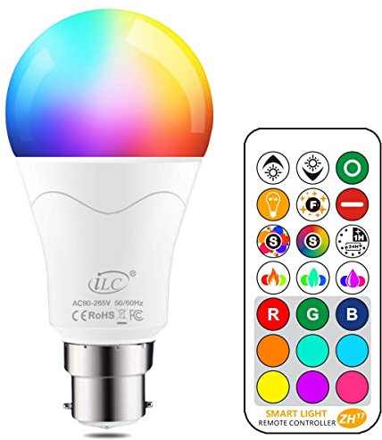 iLC 85W Equivalent Colour Changing Light Bulb 12W Bayonet B22 RGBW LED Color Bulbs, Mood RGB Warm White 2700K Coloured, Remote Controller Included