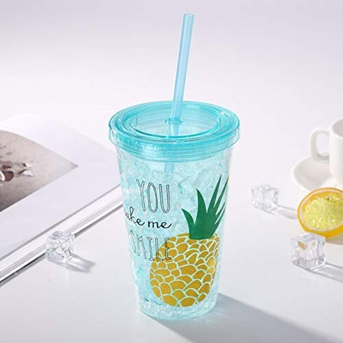 450ml Plastic Cups Double Wall Glass with Straw and Lid BPA Free Transparent Ice Cold Drinks Tumbler Portable for Indoor Outdoor Use (Blue Pineapple)
