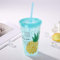 450ml Plastic Cups Double Wall Glass with Straw and Lid BPA Free Transparent Ice Cold Drinks Tumbler Portable for Indoor Outdoor Use (Blue Pineapple)