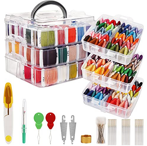 Handi Stitch Stickgarn Set - (187er Pack) - Kreuzstich Set mit 3-Stufiger Transparenter Garn Aufbewahrungsbox - 150 Farbstränge auf Papierspulen - Bunte Wolle zum Basteln & Freundschaftsbänder Knüpfen