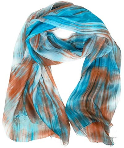 Damen Seidenschals, 100% Seide, leichte Seide, handbemalter Schal, elegantes Geschenk für Frauen, vielseitig einsetzbar Blau und Kupfer170cm x 75 cm