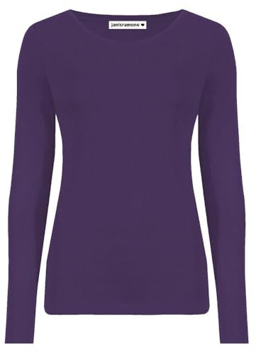 janisramone Womens Ladies Round Neck Long Sleeve T-Shirt Stretchy Plain Fitted Basic Jersey Casual Tee Top Purple