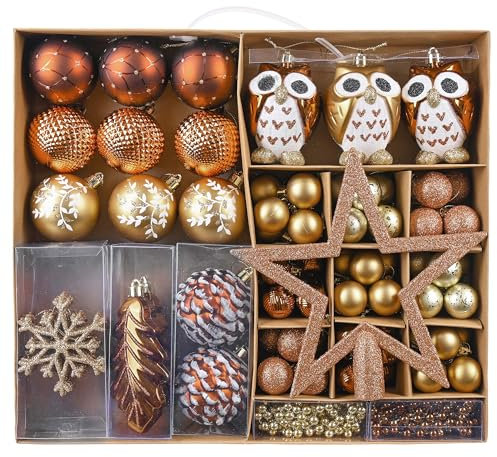 Valery Madelyn Christmas Baubles, 90pcs 3-12cm Shatterproof Pack with Tree Topper, Woodland Copper and Gold Christmas Ball Ornaments