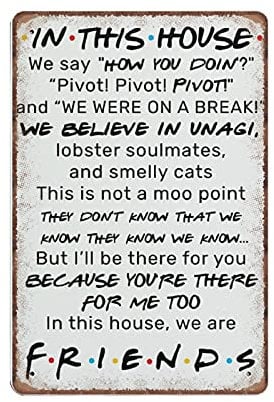 Dreacoss Blechschild In This House We Are Friends, Retro, lustiges Metallposter für Freunde, TV-Show-Liebhaber, Vintage-Wandkunst, Heimdekoration, 20,3 x 30,5 cm