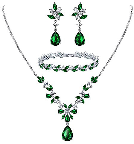 Clearine Hochzeit Zirkonia Schmuckset für Braut Brautjungfern Kristall Tropfen Anhänger Halskette, Tennis Armband und Kronleuchter Blatt Baumeln Ohrringe für Damen Smaragd-Grün Silber-Ton