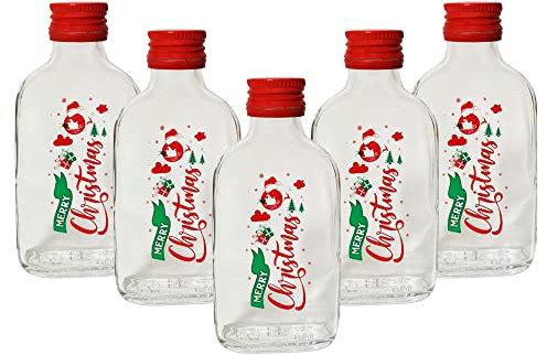 DIAH DO IT AT HOME Glass Flask Bottle 100 ml Screen Printing Merry Christmas with Screw Cap Lid for Filling it Yourself (20 x CLEAR Merry Christmas Bottle + RED Screw Cap)