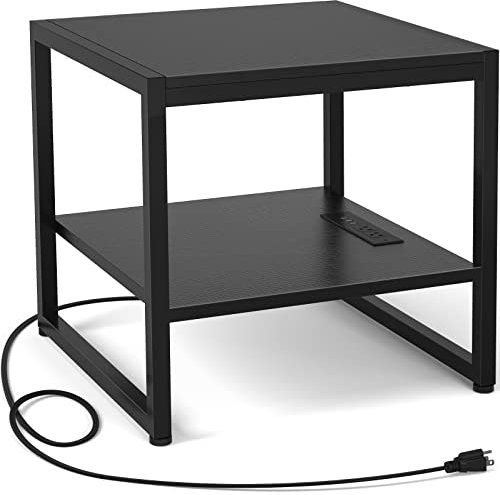 Homieasy End Table with Charging Station, 20 Inch Mini Fridge Stand with 2-Tier Open Shelf, Square Bedside Nightstand & Sofa Side Table for Living Room, Dorm, Office, Black