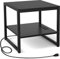 Homieasy End Table with Charging Station, 20 Inch Mini Fridge Stand with 2-Tier Open Shelf, Square Bedside Nightstand & Sofa Side Table for Living Room, Dorm, Office, Black
