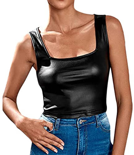 Damen Metallic Crop Top Neckholder Oberteil Bauchfrei Shirt Lack Leder Bustier Tanz Kostüm Unterhemd kurz Clubwear Tank Top Push Up Busenfrei Glänzend Bustier Top Oberteil Damen Lack Leder BH