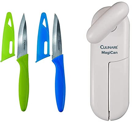 CULINARE C33005 2 Piece Knife Set | Green/Blue | Stainless Steel | 9cm Ultra Sharp Blades & C10015 MagiCan Tin Opener | White | Plastic/Stainless Steel | Manual Can Opener