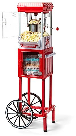 Nostalgia Carrito para hacer palomitas de maíz, hervidor de 2.5 onzas para 10 tazas, máquina de palomitas de maíz vintage con luz interior, cucharas medidoras y cuchara, blanco y rojo