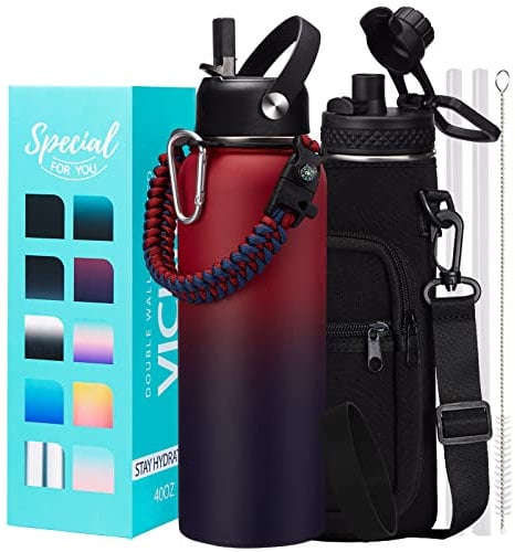 40 OZ Insulated Water Bottles with Straw Lid, Stainless Steel Water Bottle for Men Women, Wide Mouth Water Flask Sports Hydro Jug with Shoulder Carrier Bag, Paracord Handle, Straw & Spout Lids