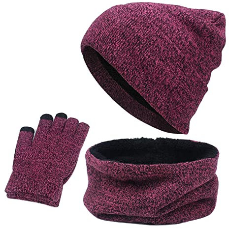Mütze Schal Handschuhe Set Damen Beige Unisex, Dehnbare Hand Wärmer Handschuhe Winter für Damen und Herren Kaltes Wetter