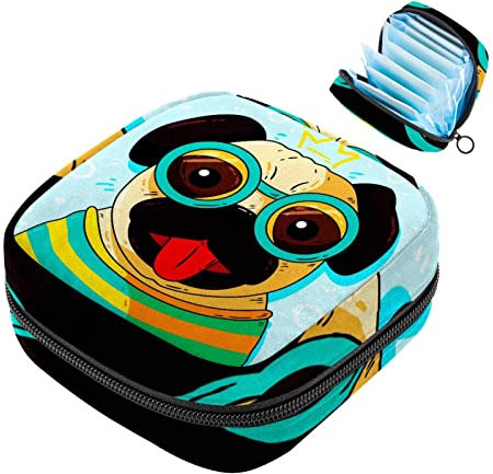 Menstruationspad-Tasche mit Reißverschluss, Damen-Servietten-Tasche, Tampons, Sammelbeutel für Frauen und Mädchen (Hund, Mops, blau)