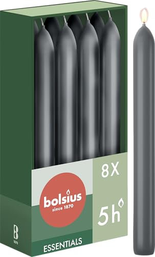 Bolsius Glatte Stabkerzen - Anthrazit - 8 Stück im Karton - 17 cm - Länge Brenndauer 5 Stunden - Unparfümierte - Enthält Natürliches Pflanzenwachs - Ohne Palmöl
