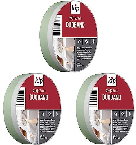 kip Tape 210-24 Duoband – Doppelseitiges Klebeband aus PVC zum Anbringen von Abdeckfolie – Selbstklebendes Schutzband zum Streichen & Lackieren – 25mm x 25m (Packung mit 3)