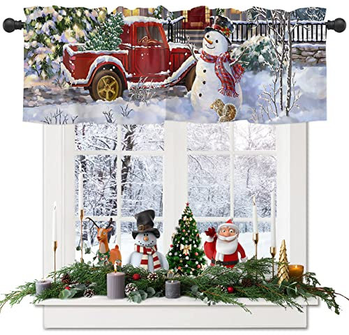 Weihnachtsvorhang für Küchenfenster, Schneemann, Weihnachten, Küchengardine, Volants, roter LKW mit Weihnachtsbaum, Fenstervorhang, Behandlung, kurze Topper, Vorhänge, saisonaler Volant,