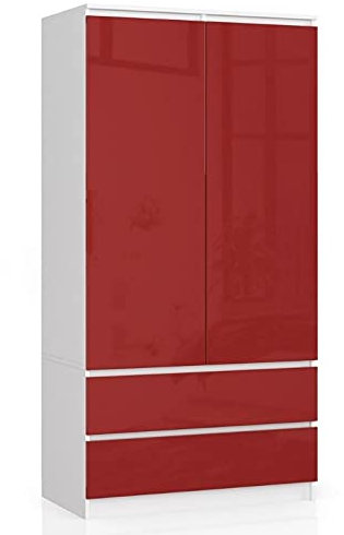 AKORD Zweitüriger Kleiderschrank S 90 cm 2 Schubladen mit Regalen und Einer Kleiderstange für EIN Schlafzimmer Kleiderschränke Minimalistischer Stil Laminierte Platte 16 mm Farbe Weiß/Rot Glanz