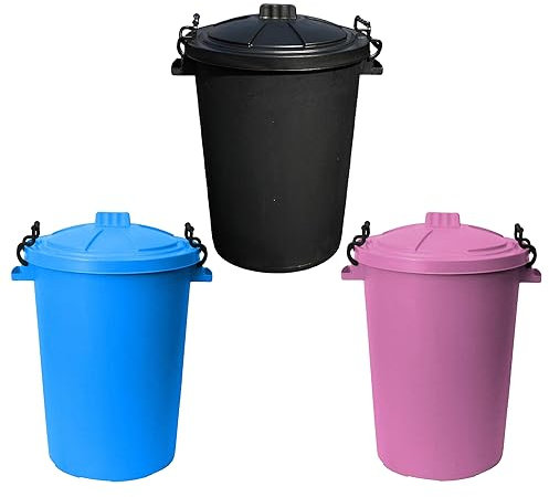 TENLITE Set of 3 - Heavy Duty Plastic Clip Lock Lid Bin Indoor or Outdoor Rubbish, Trash Can, Dustbin Waste or Storage of Animal Feed, Colourful Bins - Made in U.K. (Black, Sky Blue & Pink)