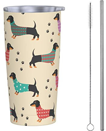 RFSHOP Taza de café de viaje con diseño de perro salchicha, vaso de 590 ml con tapa y pajilla, taza térmica de acero inoxidable a prueba de fugas para bebidas frías y calientes