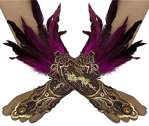 ihreesy 1 par de guantes largos de punta de pluma vintage para mujer, guantes sin dedos, guantes de encaje, pulsera para fiesta de Halloween, Rosa Rojo#A, Talla única