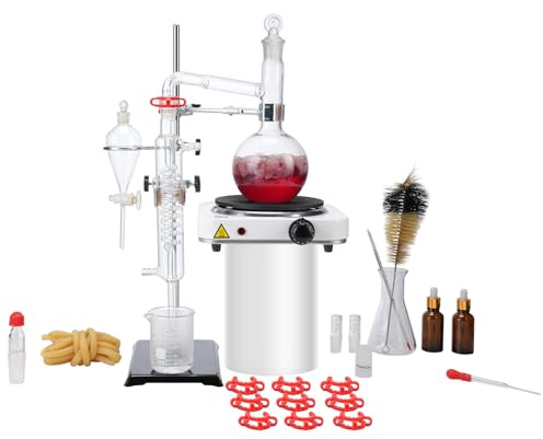 VEVOR Kit de Distillation d'Huile Essentielle 33PCs, Appareil de Distillation de 500 mL, Kit de Distillation de Verrerie de Laboratoire Boro 3,3 avec Plaque Chauffante de 1000 W et Joint 24/40