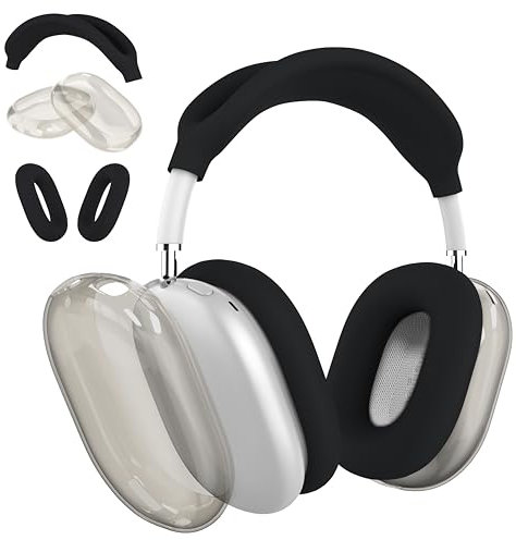MyGadget Fundas para Apple Airpods MAX [3 en 1] - 1x Banda para Cabeza | 2X Almohadillas para Oídos para Interior & Exterior - Case en Silicona Negro/Transparente