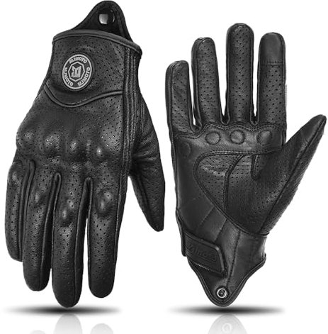 mjmoto Schwarze Retro-Motorradlederhandschuhe - Atmungsaktive Touchscreen-Vollfingerhandschuhe für Motorradfahrer & -fahrerinnen - Klassische Vintage-Motorradhandschuhe (Schwarz mit Löchern, L)