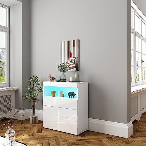 High Gloss Sideboard, Living Room Cabinets with LED Lights, Modern Display Cabinet Storage Cupboard Unit with 2 Doors 1 Drawer 1 Open Shelf Home Furniture 80 * 35 * 90CM White
