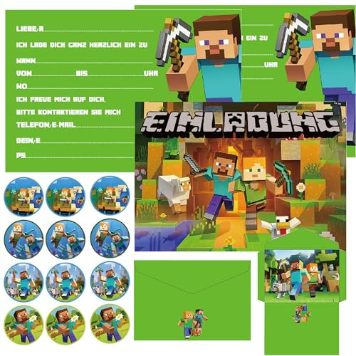 Olanstar 12x Kindergeburtstag Einladungskarten mit Gamer Pixelmotiv, inklusive 12 Umschlägen und 12 Aufklebern, perfekt für Kindergeburtstagseinladungen