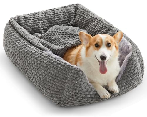 Heymamba Small Dog Cat Bed with Hooded for Kittens&Puppies, Calming Puppy Bed Pet Cave Bed with Breathable Rose Fluff, Waterproof Pet Sofa Suitable for Corgi and Bulldog, 53x50x17cm