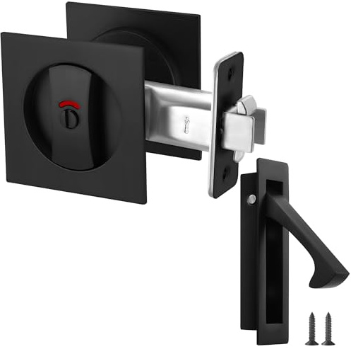 Malimali Pocket Door Lock and Edge Pull Set, Privacy Pocket Door Hardware with Indicators for Bifold & Sliding Doors, Replacement Matt Black Pull Handles