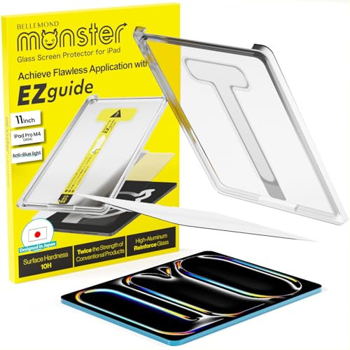 BELLEMOND Panzerglas Displayschutzfolie für iPad Pro 11 M4 (2024) - Anti-Blaulichtfilter „EZ Guide“ Ausrichtungskit für eine makellose Installation, 10H Härte - Entworfen in Japan - W24M4IPDP11GBL
