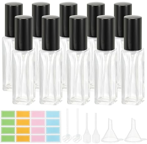 PATIKIL Travel Perfume Bottle Refillable, 10 Pcs 10ml Travel Size Mist Perfume Bottle Empty Glass Sprayer with Labels Funnel Pipette for Liquid Essential Oil, Clear/Black