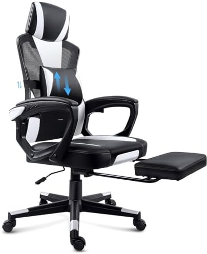 GGCIR Kontorsstol med Fotstöd, Gaming Chair med Lutningsfunktion, Gaming Stol med Avtagbar Och Ländstöd Kan Belastas Upp Till 150 kg Usterbar i Höjdled Svartvit