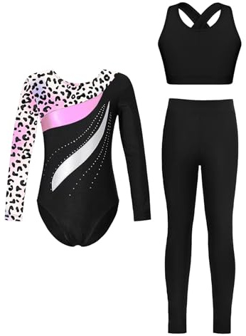 Miutii 3Pcs Mädchen Turnanzug Langarm Glitzer Gymnastikanzug Ballettanzug + Sport BH Tops + Hose Gymnastik Leotard Wettbewerb Tanzkostüm B Leopard 134-140