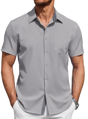 COOFANDY Men's Short Sleeved Shirts Casual Beach Shirts Summer Dress Shirt Holiday Shirt Regular Fit Light Grey L