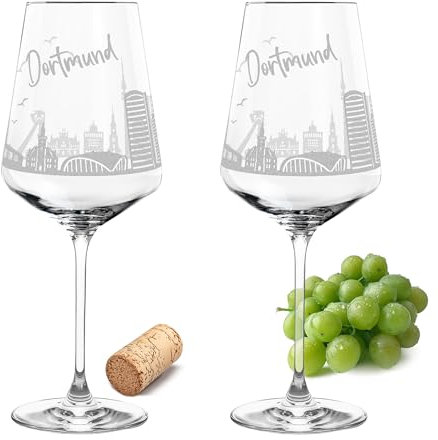 Gravur-Max Leonardo Weinglas mit Gravur 2er-Set Skyline Dortmund mit einer hochwertigen 360° Gravur Ihrer Stadt Weißweinglas Leonardo Puccini 560ml