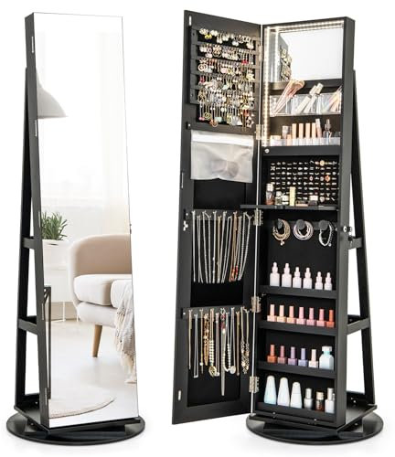GOPLUS Armoire à Bijoux Avec Miroir Pleine Longueur, Armoire à Bijoux Rotative à 360° Avec Lumière LED 3 Couleurs, Miroir de Maquillage Intérieur, Étagère de Rangement à 2 Niveaux (Noir)